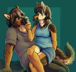 anthro blep bottomwear breasts clothing crossed_legs duo ear_piercing female fur male pants piercing romantic romantic_couple shirt shorts tail tank_top tongue tongue_out topwear marjani dawn_(decollie) riff_(riff34) canid canine canis domestic_dog german_shepherd herding_dog mammal pastoral_dog 2021 hi_res