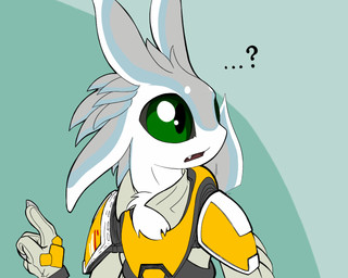 3_fingers 4_ears ambiguous_anthro ambiguous_gender anthro armor big_eyes blue_body blue_feathers circle_eyebrows clothed clothed_ambiguous clothed_anthro clothing cute_fangs ellipsis eyebrows fangs feathers fingers glistening glistening_eyes gloves green_eyes grey_body grey_feathers grey_sclera handwear head_tuft head_turned looking_away multi_ear multicolored_body multicolored_feathers neck_tuft noseless open_mouth pupils question_mark questioning_ellipsis simple_background solo teeth tuft white_body white_eyebrows white_feathers compound_lift avali avian 2016 5:4 bust_portrait digital_media_(artwork) flat_colors portrait