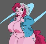 anthro belly big_breasts bottomless breasts clothed clothing clothing_cord drawstring female genitals hair hoodie huge_breasts jacket mostly_nude open_clothing open_jacket open_topwear overweight pink_hair pussy slightly_chubby smile solo thick_thighs topwear freezietype friendship_is_magic hasbro my_little_pony undertale_(series) pinkie_pie_(mlp) sans_(undertale) equid equine horse mammal hi_res