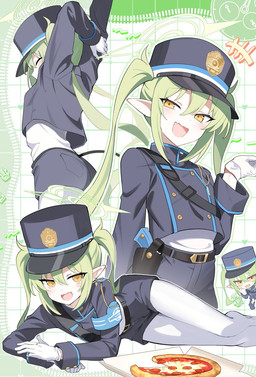 belt bent_arm blue_bottomwear blue_clothing blue_hat blue_headwear blue_shirt blue_shorts blue_topwear blush bottomwear breasts chibi clothing cute_fangs ear_piercing ear_ring fangs female food gloves green_hair hair hair_between_eyes halo handwear hat headgear headwear legwear long_hair lying open_mouth pantyhose piercing pigtails pizza pointy_ears prick_ears raised_arm rear_view ring_piercing shirt shorts small_breasts stretching tail teeth topwear whistle_(object) white_clothing white_gloves white_handwear white_legwear white_pantyhose white_shirt white_topwear yellow_eyes young young_female young_humanoid 2windrill blue_archive nexon nozomi_(blue_archive) demon demon_humanoid humanoid tailed_humanoid hi_res multiple_scenes