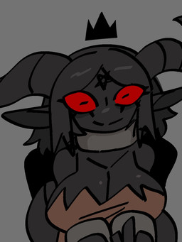 2_horns anthro big_breasts black_ears black_hair black_horn breasts brown_clothing brown_topwear cleavage clothed clothing crown female female_anthro front_view grey_background hair head_horn headgear horn mouth_closed occult_symbol pentagram simple_background smile solo star symbol topwear xarop77 bovid caprine demon goat mammal 2025 digital_drawing_(artwork) digital_media_(artwork) portrait