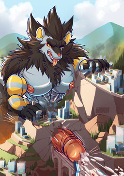 anthro black_body black_fur blue_body bodily_fluids car city cum cum_on_ground destruction erection fur genital_fluids genitals humanoid_genitalia humanoid_penis macro male mane muscular muscular_male orgasm penetration penis tongue tongue_out tunnel vehicle yellow_eyes daru_brek nintendo pokemon felid generation_4_pokemon luxray mammal pokemon_(species) absurd_res hi_res