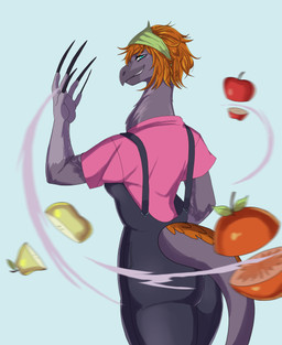 anthro apple biped blue_background blue_eyes breasts citrus_fruit claws clothed clothed_anthro clothed_female clothing feathers female finger_claws fingers food fruit grey_body grey_clothing grey_overalls hair half-closed_eyes head_turned humanoid_hands long_claws long_neck looking_at_viewer looking_back medium_breasts medium_hair motion_blur motion_lines narrowed_eyes non-mammal_breasts orange_(fruit) orange_body orange_feathers orange_hair overalls pear pink_clothing pink_shirt pink_topwear plant rear_view shirt simple_background smile solo thick_thighs topwear wide_hips puffycrow dinosaur feathered_dinosaur feathered_scalie prehistoric_species reptile scalie therizinosaurid therizinosaurus theropod absurd_res colored hi_res