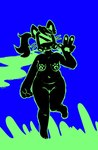 anthro belly black_body female floating gas gas_mask genitals gesture hair hand_gesture markings mask navel nude ponytail pussy slightly_chubby solo toxic v_sign whiskers mevka_(artist) felid feline mammal