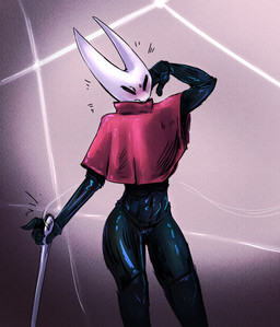 5_fingers abs anthro arthropod_webbing athletic athletic_anthro athletic_female biped black_body black_exoskeleton black_vulva blush bottomless bottomless_anthro bottomless_female clothed clothed_anthro clothed_female clothing exoskeleton eyes_closed female female_anthro fingers front_view genitals hand_behind_head holding_object holding_sewing_needle hornet's_needle humanoid_genitalia humanoid_vulva mouth_closed multicolored_body multicolored_exoskeleton navel red_clothing red_topwear sewing_needle solo standing stretching topwear two_tone_body two_tone_exoskeleton vulva white_body white_exoskeleton currentlytr_ash hollow_knight_(franchise) team_cherry hornet_(hollow_knight) arthropod insect 2025 hi_res