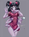 2018 accessory animal_humanoid arachnid arachnid_humanoid arthropod arthropod_humanoid black_hair breasts clothed clothing container cup cutlery fangs female grey_background hair hair_accessory hair_ribbon hi_res holding_container holding_cup holding_object humanoid kitchen_utensils looking_at_viewer muffet multi_eye multi_limb open_mouth otonaru_(artist) purple_body purple_skin ribbons signature simple_background solo spider spider_humanoid spoon standing teeth thigh_gap tools undertale undertale_(series)