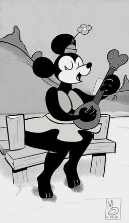 accessory anthro barefoot big_butt black_body black_fur bottomwear bridge butt clothed clothing feet female fingers fur hair_accessory headgear headwear lute mountain musical_instrument open_mouth outside plant plucked_string_instrument river simple_background skirt sky smile solo string_instrument thick_thighs toes topwear tree ukulele water white_body white_face wide_hips wood sebaku disney entering_public_domain steamboat_willie minnie_mouse mammal mouse murid murine rodent absurd_res digital_media_(artwork) hi_res monochrome