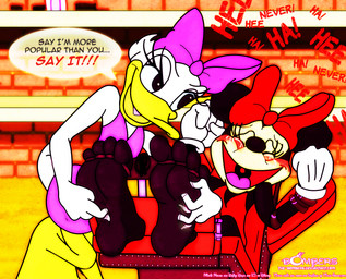 accessory anthro avian_feet barefoot blush bodily_fluids bow_accessory bow_ribbon centered_hair_bow clothed clothing crying_laughing dominant dominant_female duo eyes_closed feet female female/female foot_focus hair_accessory hair_bow hair_ribbon laugh membrane_(anatomy) restraints ribbons soles stocks tears teasing tickling tickling_feet toes webbed_feet sir-bombers_(artist) disney daisy_duck minnie_mouse anatid anseriform avian bird domestic_duck duck house_mouse mammal mouse murid murine rodent hi_res