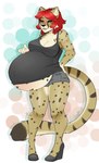 5_fingers anthro belly belly_blush belly_overhang big_belly blush body_blush bottomwear breasts cleavage clothed clothing female fingers footwear green_eyes hair high_heels inner_ear_fluff markings pregnant pregnant_anthro pregnant_female red_hair shirt shoes shorts simple_background solo spots striped_markings striped_tail stripes tail tail_markings tank_top topwear tuft hiddenwolf sheeba_amara cheetah felid feline mammal 2019 hi_res signature