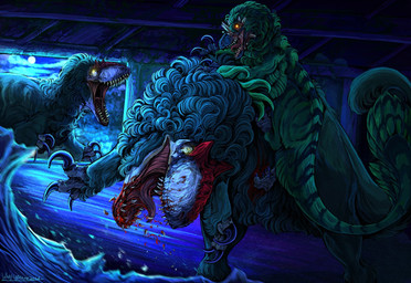 blood bodily_fluids claws feathers female feral fight group horn male moon night open_mouth scar sharp_teeth sobek_(primitive_war) tail teeth tongue tongue_out trio whyflippenme primitive_war dinosaur dromaeosaurid feathered_dinosaur feathered_scalie prehistoric_species reptile saurischian scalie theropod tyrannosauroid utahraptor yutyrannus hi_res