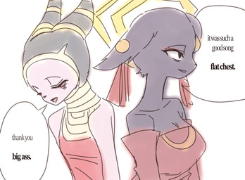 anthro black_nose breasts cleavage clothed clothing dialogue dress duo ear_piercing eyelashes eyes_closed female floppy_ears forehead_gem front_view fur gem grey_body grey_clothing grey_fur grey_headwear halo headgear headwear lop_ears piercing pink_body pink_fur red_clothing red_dress simple_background speech_bubble text white_background teitewi17 nine_sols red_candle_games goumang_(nine_sols) nuwa_(nine_sols) felid feline mammal solarian hi_res