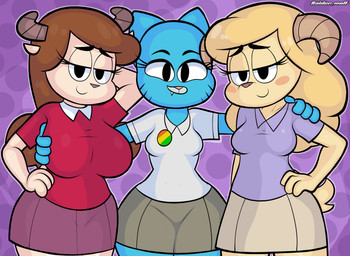 4_fingers anthro big_breasts blonde_hair bottomwear breasts butt clothing female female/female fingers group hair half-closed_eyes looking_at_viewer narrowed_eyes shirt skirt small_breasts tail topwear trio wide_hips blackmore cartoon_network the_amazing_world_of_gumball chi_chi's_mom chun-ni nicole_watterson bovid caprine domestic_cat felid feline felis goat mammal absurd_res hi_res signature