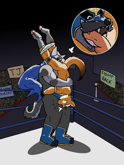 anthro cape clothing duo fellatio fighting_ring male male/male mask oral penile pulled_down_shorts sex sports_mask sportswear tombstone_piledriver two_tone_tail wrestling wrestling_boots wrestling_briefs wrestling_mask wrestling_match goodjobrammy_(artist) canid canine canis fox mammal wolf 3:4 absurd_res hi_res