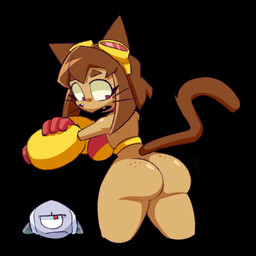 anthro arm_cannon big_breasts big_butt black_background bottomless breasts brown_body brown_fur brown_hair brown_nose butt clothed clothing eyelashes eyewear eyewear_on_head female fur goggles goggles_on_head hair looking_back open_mouth pink_eyes rear_view simple_background solo swimwear thick_thighs weapon_arm whiskers wide_hips yellow_clothing yellow_swimwear miobadders gameoverse glitch_productions kit_bodega domestic_cat felid feline felis mammal 1:1 hi_res