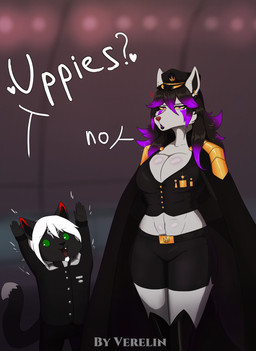 anthro clothing dialogue duo hat headgear headwear intersex intersex/male male medal military_uniform size_difference standing uniform verelin nintendo pokemon artyom_derison felid feline generation_3_pokemon mammal mightyena panthera pokemon_(species) 2025 absurd_res digital_media_(artwork) hi_res