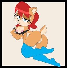 anthro anus areola areola_slip big_breasts big_butt black_border black_clothing black_nose black_topwear blue_clothing blue_eyes blue_legwear blue_thigh_highs border bottomless breasts brown_body brown_fur butt cheek_tuft clothed clothing eyelashes facial_tuft female fur genitals grey_background hair legwear looking_at_viewer open_mouth pink_areola red_hair simple_background solo tan_body tan_fur thick_thighs thigh_highs topwear tuft vulva wide_hips hezaoni sega sonic_the_hedgehog_(series) sally_acorn chipmunk ground_squirrel mammal rodent sciurid absurd_res hi_res