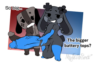 anthro anthrofied balls big_balls big_butt big_penis black_body black_eyes black_nose bodily_fluids breasts butt cheek_markings controller dialogue drooling duo ear_piercing ear_ring eyelashes facial_markings flat_chested foreskin freckles game_controller genital_fluids genitals gloves_(marking) gradient_background gynomorph hand_on_penis head_markings huge_balls huge_penis humanoid_hands hyper hyper_genitalia hyper_penis intersex leg_markings long_ears looking_aside looking_at_another looking_at_genitalia looking_at_penis markings multicolored_body nude open_mouth open_smile paws penis penis_awe penis_size_difference piercing precum retracted_foreskin ring_piercing saliva scut_tail short_tail shortstack shortstack_gynomorph shortstack_intersex simple_background small_breasts small_but_hung smile smug smug_face socks_(marking) standing steam_controller steamy_penis tail text thick_thighs two_tone_body magiciansketch nintendo nintendo_switch steam_controller_(2026) valve valve_corporation valve_hardware steam_bun_(magiciansketch) switch_dog animate_inanimate canid canine lagomorph mammal 2025 3:2 digital_media_(artwork) english_text signature