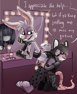 anthro anthro_on_anthro barefoot blush body_worship bottomwear bracelet buckteeth butt butt_on_face butt_worship clothed clothing clothing_around_waist crossdressing dialogue face_on_butt feet fitting_room fur gloves grey_body grey_fur handwear heart_symbol hug hugging_another hugging_butt hugging_from_behind jewelry kneeling latex latex_clothing latex_gloves latex_handwear legwear long_sleeve_shirt makeup_brush makeup_kit male male/male male_anthro mannequin mirror pants pattern_clothing pattern_legwear pattern_shirt pattern_stockings pattern_topwear plaid plaid_clothing plaid_shirt plaid_topwear rat_tail scut_tail shirt shirt_around_waist short_tail smile speech_bubble spots spotted_clothing spotted_legwear spotted_stockings standing stockings tail teeth text topwear wig byjovewhataspend looney_tunes warner_brothers bugs_bunny lagomorph leporid mammal murid murine rabbit rat rodent english_text hi_res