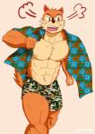 abs angry anthro bottomwear brown_eyes camo chest_tuft clothing male muscular muscular_anthro muscular_male nipples shirt shorts solo topwear tuft moomae_(artist) wuffle_(webcomic) wuffle canid canine canis mammal wolf hi_res