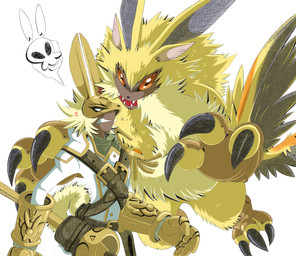 anthro armor belt bite blonde_hair claws clothing duo evolutionary_family fur gauntlets gloves hair handwear headgear helmet long_ears male mask orange_eyes sharp_teeth teeth yellow_body yellow_fur portugueselynx bandai_namco digimon diarbbitmon digimon_(species) humanoid lamortmon