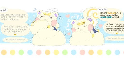 anthro bloated bodily_fluids bottomless bottomless_anthro bottomless_male clothed clothing dialogue flying_sweatdrops fur heart_symbol inflated_belly inside_stomach lying male male/male male_pred male_prey on_front oral_vore overweight overweight_anthro overweight_male pattern_background safe_vore shirt simple_background soft_vore speech_bubble sweat sweatdrop text topwear unbuttoned_shirt vore yellow_body yellow_fur conduitcore animal_crossing nintendo marshal_(animal_crossing) raymond_(animal_crossing) domestic_cat felid feline felis mammal rodent sciurid tree_squirrel 2023 english_text pastel_theme sequence