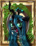 border female green_eyes green_hair hair hole_(anatomy) long_hair looking_at_viewer ornate_border portrait_(object) pupils slit_pupils solo tongue tongue_out harwick friendship_is_magic hasbro my_little_pony queen_chrysalis_(mlp) arthropod changeling 2013 bust_portrait portrait