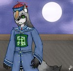 black_sclera chinese green_eyes male moon night ofuda ofuda_on_forehead paper_seal solo talisman taoist_talisman pumopumoshi asian_mythology chinese_mythology east_asian_mythology mythology mashino_(character) canid canine canis jiangshi mammal undead wolf