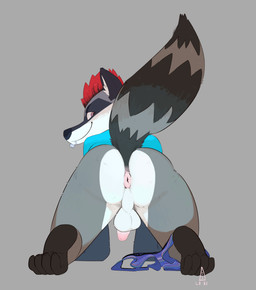 4_toes all_fours anthro anus backsack balls black_body black_fur black_nose bottomless bottomless_anthro bottomwear bottomwear_around_one_leg bottomwear_down boxers_(clothing) butt circumcised clothed clothing clothing_around_one_leg erection eyebrows facial_markings facial_piercing feet fur genitals grey_background grey_body grey_fur hair head_markings humanoid_genitalia humanoid_penis inner_ear_fluff leg_markings lip_piercing logo looking_at_viewer looking_back looking_back_at_viewer male markings mask_(marking) mohawk penis piercing presenting presenting_hindquarters raised_tail rear_view red_hair shirt shirt_only simple_background smile smiling_at_viewer socks_(marking) solo striped_body striped_fur striped_markings striped_tail stripes tail tail_markings text toes topwear topwear_only tuft underwear white_body white_fur loki_lemuria max_raccoonism mammal procyonid raccoon absurd_res artist_logo digital_media_(artwork) english_text hi_res signature