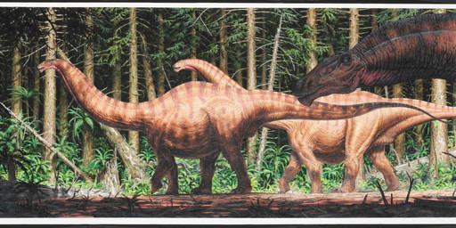 ambiguous_feral ambiguous_gender detailed_background feral fern forest group long_neck nature nature_background open_mouth plant quadruped side_view tail tree tree_stump trio walking paul_bonner apatosaurus dinosaur diplodocid diplodocoid prehistoric_species reptile saurischian sauropod sauropodomorph scalie hi_res traditional_media_(artwork)