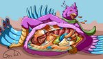 anthro avian_feet beak biped blue_body bodily_fluids burping clothing feathered_crest feathered_wings feathers green_eyes head_crest internal male organs pink_body scarf stomach stomach_acid tail tail_feathers vore winged_arms wings gyrotech nintendo the_legend_of_zelda gyro_feather nikko_(character) avian bird galliform peafowl phasianid rito absurd_res hi_res