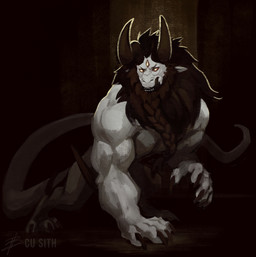 anthro brown_body brown_fur claws dark fangs fur glowing glowing_eyes horn long_tail male muscular pigtails semi-anthro solo sun tail teeth thorns white_body cu_sith_(artist) demon digital_drawing_(artwork) digital_media_(artwork) digital_painting_(artwork) hi_res painting_(artwork) sketch