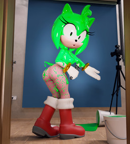 5_fingers alternate_color anthro bodypaint boots breasts brush caught_in_the_act clothing female fingers footwear fur gloves green_eyes green_paint handwear humanoid_hands looking_at_viewer medium_breasts multicolored_body multicolored_fur open_mouth paint paint_on_body paint_on_breasts paint_on_butt paint_on_face paintbrush shoes solo surprised hitmarker sega sonic_the_hedgehog_(series) amy_rose eulipotyphlan hedgehog humanoid mammal 3d_(artwork) digital_media_(artwork) hi_res