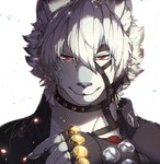 anthro clothed clothing dipstick_ears ear_markings fingers fur hair inner_ear_fluff looking_at_viewer male multicolored_ears red_eyes solo tuft white_body white_fur white_hair tach8 mihoyo zenless_zone_zero von_lycaon canid canine canis mammal wolf 2024 absurd_res hi_res