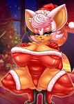 anthro biped breasts christmas_tree clothed clothing crouching eyelashes female holidays legwear membrane_(anatomy) membranous_wings plant pupils solo spread_legs spreading thick_thighs thigh_highs tongue tongue_out tree wings michiyoshi christmas sega sonic_the_hedgehog_(series) rouge_the_bat bat mammal