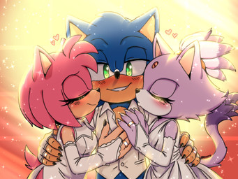 anthro blush claws clothing digit_ring dress eyes_closed female green_eyes group hair hand_on_back hand_on_chest heart_symbol hero hug jewelry kissing_cheek looking_at_viewer male male/female ponytail princess ring royalty smile sparkles suit trio wedding_dress wedding_ring riinity sega sonic_the_hedgehog_(series) amy_rose blaze_the_cat sonic_the_hedgehog domestic_cat eulipotyphlan felid feline felis hedgehog mammal hi_res