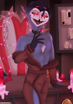 4_eyes anthro arm_tuft biceps biped black_nails candle chair chest_tuft clothing collar colored_nails detailed_background empty_eyes feathers featureless_crotch femboy fingers fire furniture glowing glowing_eyes grey_body grey_feathers half-closed_eyes male multi_eye nails narrowed_eyes open_mouth paper red_eyes shoulder_tuft solo spikes standing table tongue tuft white_face wide_hips grandpaman hellaverse helluva_boss stolas_(helluva_boss) avian bird demon owl owl_demon absurd_res hi_res