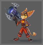 anthro armor clothing gloves handwear headgear helmet male simple_background smile solo stripes uniform weapon tobbywolf insomniac_games ratchet_and_clank sony_corporation sony_interactive_entertainment ratchet_(ratchet_and_clank) alien lombax mammal hi_res