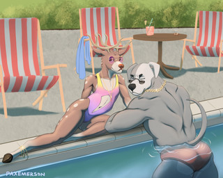 anklet anthro antlers clothed clothing crossdressing duo eyewear glasses gold_(metal) gold_jewelry horn jewelry looking_at_viewer male male/male muscular navel one-piece_swimsuit one_eye_closed pince-nez poolside round_glasses slim speedo sunglasses swimming_pool swimwear wink paxemerson canid canine canis deer domestic_dog mammal pit_bull absurd_res hi_res