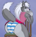 2018 anthro big_butt blue_eyes blush bottomwear bulge butt canid canine canis chair clothed clothing crossdressing dipstick_tail fangs femboy fur furniture grey_body grey_fur hair long_hair looking_back male mammal markings microskirt miniskirt multicolored_tail panties pattern_bottomwear pattern_clothing pattern_panties pattern_underwear raised_tail skirt smile solo striped_bottomwear striped_clothing striped_panties striped_underwear stripes tail tail_markings teeth underwear unknown_artist_(artist) white_hair wolf