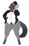 3_toes 5_fingers anthro arms_bent barefoot black_clothing black_suit black_top_hat bottomwear bow_tie breasts brown_eyes button_(fastener) classy clothing eyelashes eyewear feet female female_anthro fingers fluffy fluffy_tail fully_clothed_anthro fully_clothed_female fur grey_body grey_bottomwear grey_clothing grey_fur grey_hair grey_pants grey_tail hair hand_behind_back holding_monocle long_tail looking_at_viewer monocle open_suit pants red_bow_tie simple_background smile smiling_at_viewer solo standing suit tail thick_thighs toes toothy_smile white_background white_dress_shirt wide_hips cutievomit maria_(nichara) chinchilla chinchillid mammal rodent 2015 digital_drawing_(artwork) digital_media_(artwork) english_description flat_colors hi_res