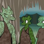 1:1 2014 clothed clothing digital_media_(artwork) dirty fen_(lagotrope) grass green_body green_skin group horn inside kobold lagotrope lizard male outline plant pupils reptile scalie shirt slit_pupils story story_at_source story_in_description tgchan toga topwear tree