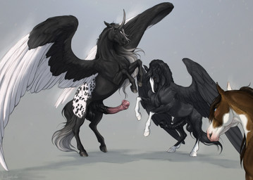 ambiguous_feral ambiguous_gender animal_genitalia animal_penis balls black_balls black_body black_mane black_penis black_tail black_wings blue_eyes brown_body brown_eyes brown_mane butt equine_genitalia equine_penis erection feathered_wings feathers feral genitals grey_background grey_eyes grey_horn grey_mane grey_tail group horn male male_feral mane medial_ring mouth_closed multicolored_mane penis red_penis simple_background spots spotted_butt tail trio two_tone_mane two_tone_tail white_wings wings scarlanya mythology alterion_(alter) izar_(alter) equid equine horse mammal mythological_creature mythological_equine pegasus winged_unicorn absurd_res hi_res