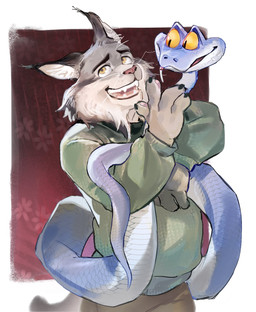 anthro bottomwear clothing duo feral frown male open_mouth pants simple_background smile standing sweater topwear seatohao disney zootopia gary_de'snake pawbert_lynxley canada_lynx felid feline lynx mammal pit_viper reptile scalie snake viper half-length_portrait hi_res portrait