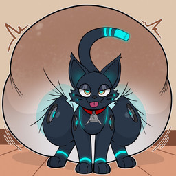 3_toes ambiguous_gender big_diaper black_body black_inner_ear black_nose black_tail black_whiskers blue_tail_tip clothed clothing collar collar_tag diaper dipstick_tail excessive_feces fangs feces feet feral front_view glowing glowing_eyes glowing_markings half-closed_eyes inside leg_markings machine markings narrowed_eyes pooping red_collar socks_(marking) soiled_diaper soiling soiling_diaper solo tail tail_markings teeth thick_thighs toes tongue tongue_out unclean_diaper used_diaper using_diaper wearing_diaper whiskers nineplusten hi-fi_rush microsoft tango_gameworks 808_(hi-fi_rush) domestic_cat felid feline felis mammal robot 1:1 full-length_portrait hi_res portrait