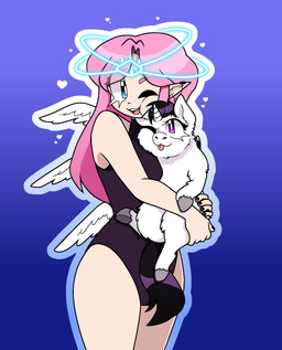 1_horn 6_wings ambiguous_feral ambiguous_gender black_ear_piercing black_fingernails black_nails blue_eyes clothed clothed_humanoid clothing colored_nails duo ear_piercing eyelashes feathered_wings feathers featureless_crotch female female_humanoid feral fingernails fur gradient_background grey_hooves hair happy heart_symbol hooves horn hug humanoid_pointy_ears leotard lifting_another light_body light_skin long_hair multi_wing nails one_eye_closed open_mouth piercing pink_hair pointy_ears purple_background purple_clothing purple_eyes purple_hair purple_leotard purple_tail simple_background smile spiral_horn squish standing tail teeth tongue tongue_out white_body white_fur wings wink young young_ambiguous young_feral poyoboyouwu fluffy_pony mythology equid equine fluffy_pony_(species) humanoid mammal mythological_creature mythological_equine unicorn 2026 cel_shading digital_media_(artwork) hi_res shaded