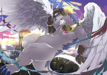 anthro blonde_hair blue_body blue_eyes city city_background clothing eyewear eyewear_on_head feathered_wings feathers furgonomic_piercing furgonomics gloves goggles goggles_on_head hair handwear looking_at_viewer male multicolored_body piercing smile solo tail two_tone_body white_body wing_piercing wings ao_gravity legendz mythology shiron dragon mythological_creature mythological_scalie scalie windragon absurd_res hi_res