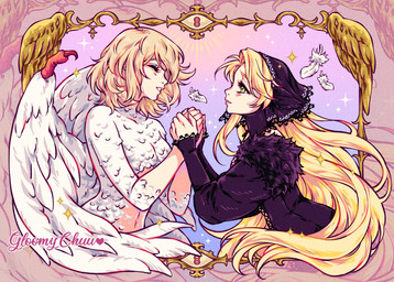 5_fingers arms_bent biped blonde_hair breasts claws clothed clothing dress duo eyelashes eyes_closed feathered_wings feathers female fingers flowing_hair hair hand_holding hands_up infinity_symbol lips long_hair looking_at_another loose_feather navel nude pattern_background picture_frame pink_background pointy_ears prick_ears purple_background purple_clothing purple_dress purple_headdress red_body red_claws red_scales scales short_hair side_view simple_background spread_wings standing star-shaped_background star_polygon straight_hair symbol tan_body tan_skin white_body white_feathers wing_claws wings yellow_eyes gloomychuu delicious_in_dungeon falin_touden marcille_donato animal_humanoid avian avian_humanoid humanoid mammal mammal_humanoid 2026 cel_shading colored digital_drawing_(artwork) digital_media_(artwork) half-length_portrait hi_res portrait shaded signature