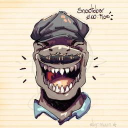 anthro biped blue_clothing blue_topwear clothed clothed_anthro clothed_male clothing eyes_closed facial_hair front_view grey_body grey_clothing grey_hat grey_headwear happy hat headgear headwear laugh male mustache open_mouth open_smile pattern_background sharp_teeth simple_background smile solo striped_background teeth text topwear by:_muun cavemanon_studios snoot_game moe_(snoot_game) dinosaur prehistoric_species reptile saurischian scalie theropod tyrannosaurid tyrannosauroid tyrannosaurus tyrannosaurus_rex 1:1 2025 absurd_res artist_name character_name colored english_text headshot_portrait hi_res portrait shaded