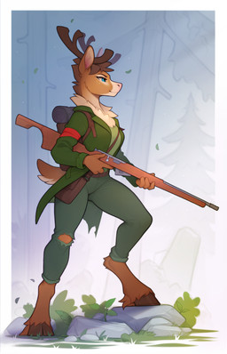 4_fingers anthro antlers backpack biped blue_eyes bottomwear breasts brown_body brown_fur brown_hair brown_tail clothed clothed_anthro clothed_female clothing cloven_hooves female fingers front_view fully_clothed fully_clothed_anthro fully_clothed_female fur gun hair holding_gun holding_object holding_ranged_weapon holding_rifle holding_weapon hooves horn open_clothing open_topwear outside pants ranged_weapon rifle smile solo standing tail topwear weapon yakovlev-vad deer mammal 2025 absurd_res digital_drawing_(artwork) digital_media_(artwork) hi_res