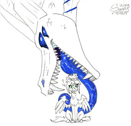bodily_fluids duo fangs feathers female feral male saliva sharp_teeth size_difference skyren_aeternis teeth tongue tongue_out vore wet wings sunny_way european_mythology hasbro my_little_pony mythology sunny_way_(character) celestial_dragon dragon equid equine mammal mythological_creature mythological_equine mythological_scalie pegasus scalie western_dragon hi_res traditional_media_(artwork)